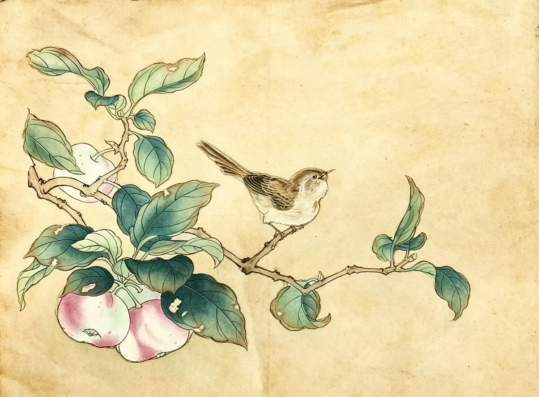 花鸟设色作品，小鸟立于果树枝头